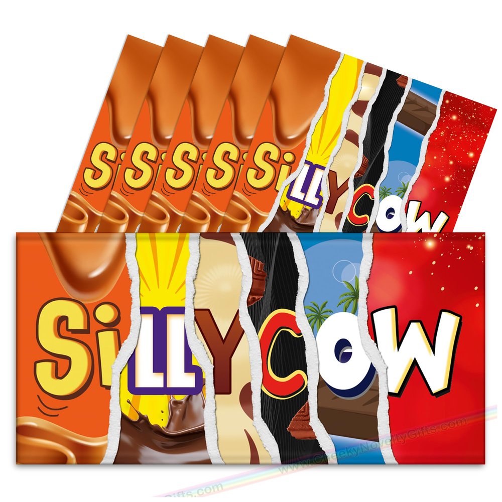 6x Silly Cow (Ripped Effect) Funny Chocolate Bar Wrappers. Rude Joke Husband Wife Birthday Work Secret Santa Gift Novelty Prank Fun Friend Present (Chocolate Not Included). Pack of 6.