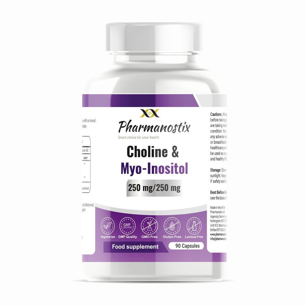 Pharmanostix Choline & Inositol 500mg 90 Capsules | 3 Months Supply | Pure Choline Bitartrate 250mg & Myo-Inositol 250mg | Cognitive, Liver & Fat Metabolism Support | UK