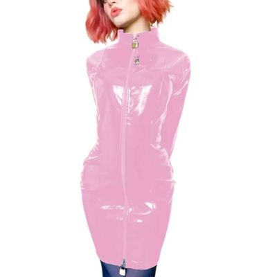 ERFSQIYALHJ Lockable Wetlook PVC Sissy Pencil Mini Dress Faux Latex Sexy Slim Exotic Short Dresses (Light Pink,M)