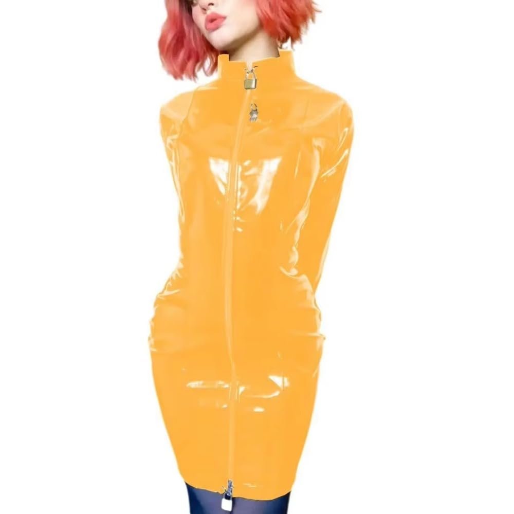 ERFSQIYALHJ Lockable Wetlook PVC Sissy Pencil Mini Dress Faux Latex Sexy Slim Exotic Short Dresses (Yellow,6XL)