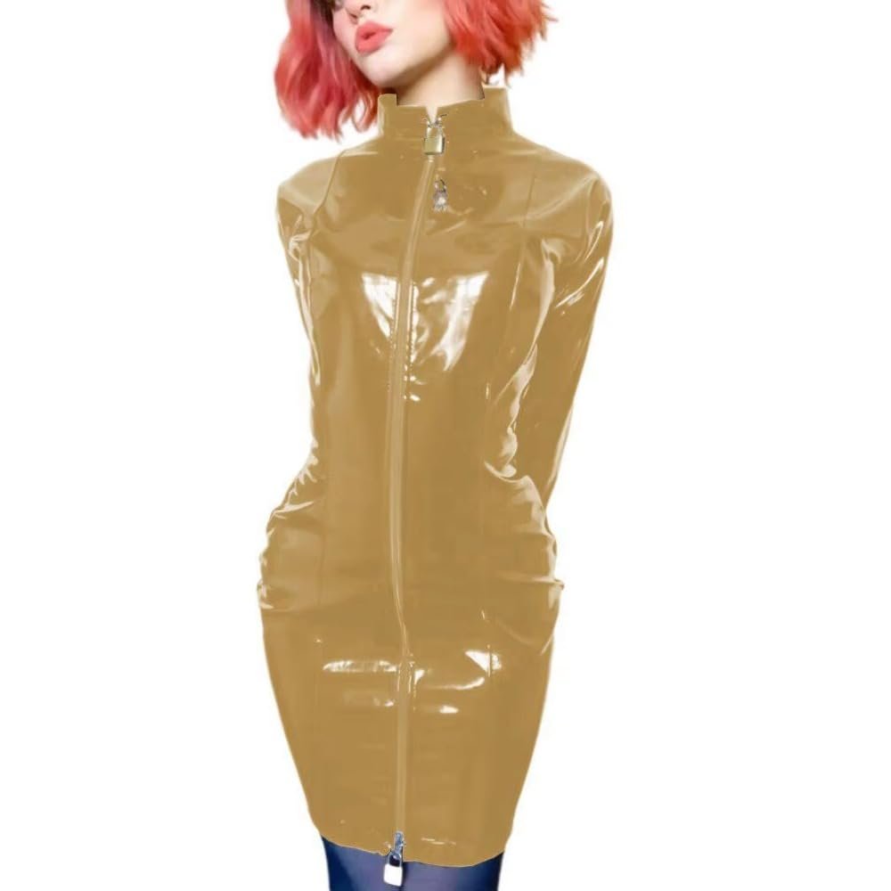 ERFSQIYALHJ Lockable Wetlook PVC Sissy Pencil Mini Dress Faux Latex Sexy Slim Exotic Short Dresses (Gold,XL)