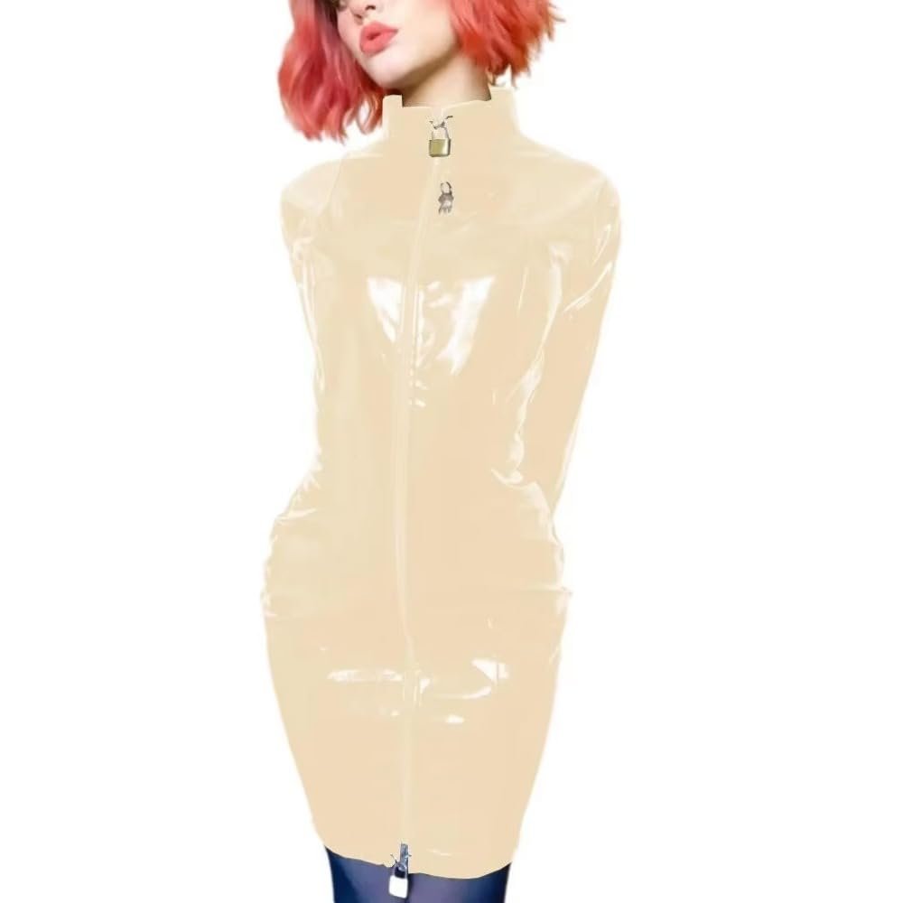 ERFSQIYALHJ Lockable Wetlook PVC Sissy Pencil Mini Dress Faux Latex Sexy Slim Exotic Short Dresses (Beige,3XL)