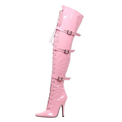 LIUGUISUOCHBH 5 Inch Heel Pointed Toe Patent Leather Over Knee Boots for Women Men | for Crossdressing Show Nightclub Costume Party,Pink,3 UK