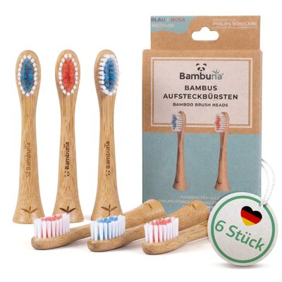 BAMBUNA Replacement Brushes for Philips Sonicare Sonic Toothbrush, Bamboo Brush Head, Medium Soft Toothbrush Heads for Sonicare Toothbrush, Made in Germany (Blue/Pink, Set of 6)