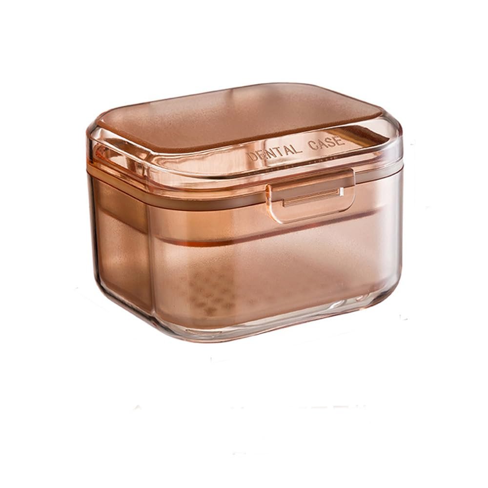 3-Tier Braces Box with Strainer & Drain - Leak-proof for Invisalign / Prostheses (Portable, 12 x 8 cm) - Includes Cleaning Case (Apricot, 3-Piece Pack)