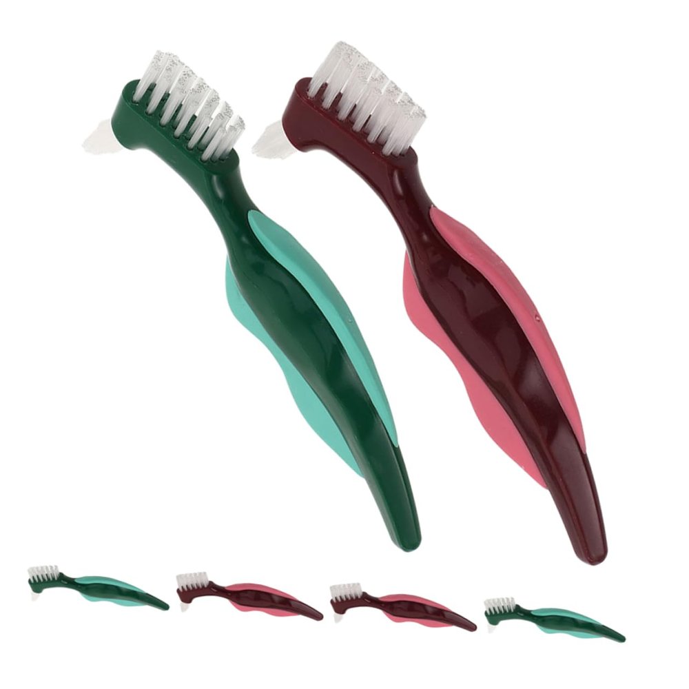 Beavorty 6pcs Dual Head False Teeth Brushes for Elderly Hard Bristle Denture Toothbrush with Gum Massaging Side Portable Compact Design for Daily Oral Care and Travel Cleaning