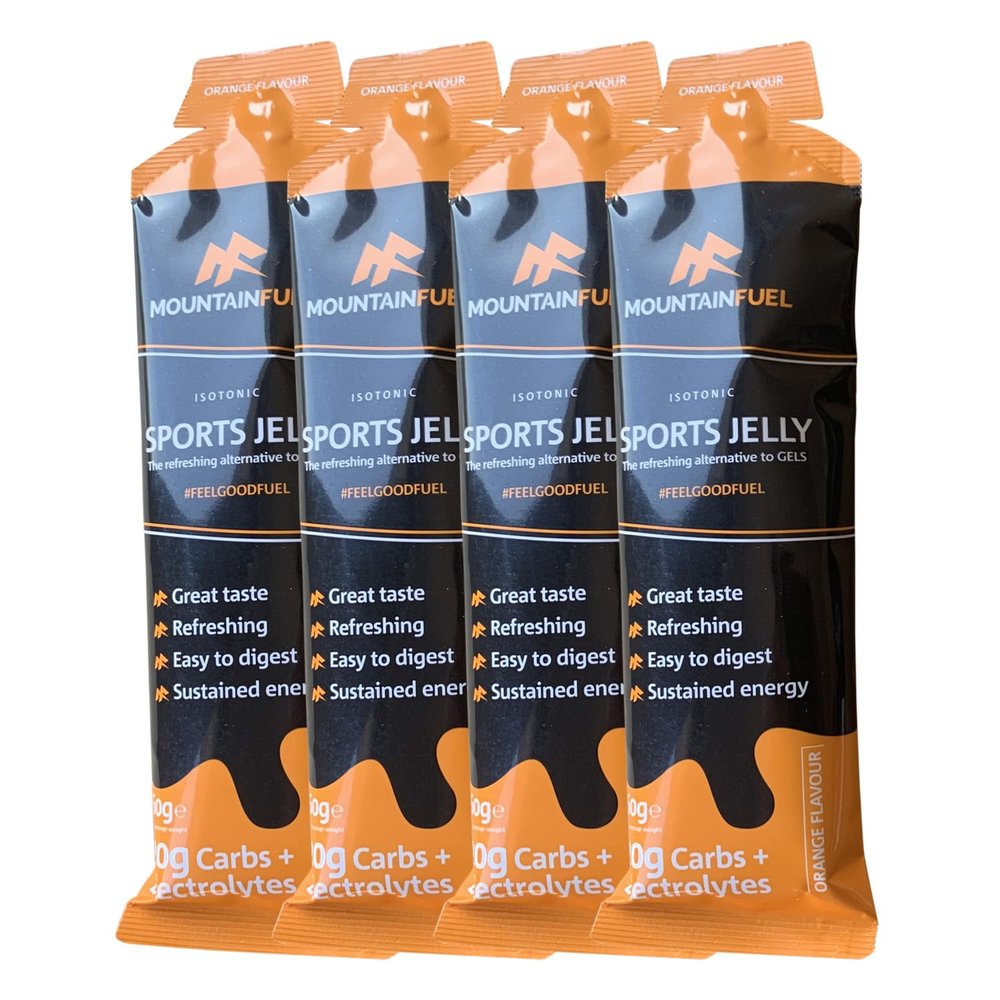 Mountain Fuel Sports Jelly Hydrogel Energy Gel Pouch - 20g of Carbs & Electrolytes - Mineral-Rich Hydration Boost - Vegan, Gluten-Free Performance Fuel - 4 Pack (4 Pack, Orange)