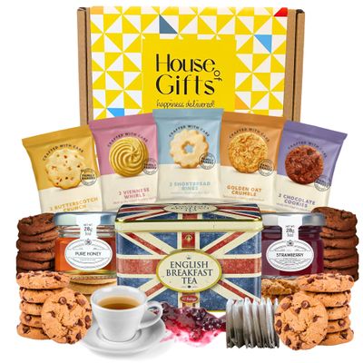 Afternoon Tea & Biscuit Hamper Gift Set with Strawberry Jam, Pure Honey & Biscuits British Hampers for Women, Men or Grandparents Biscuit Gift Box for Sharing, Birthdays, or Thank You