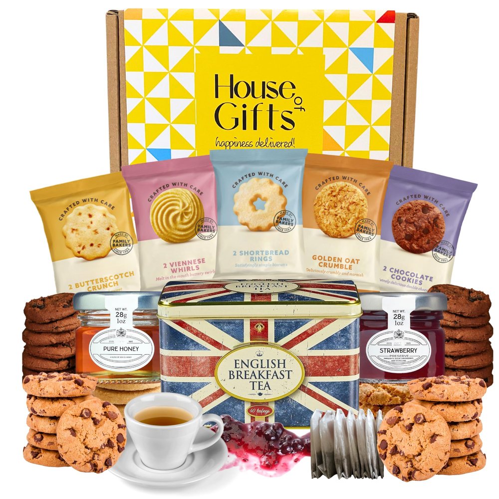 Afternoon Tea & Biscuit Hamper Gift Set with Strawberry Jam, Pure Honey & Biscuits British Hampers for Women, Men or Grandparents Biscuit Gift Box for Sharing, Birthdays, or Thank You