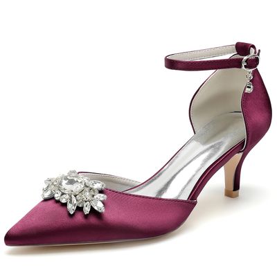 Closed Toe Satin Kitten Heels Wedding Shoes for Bride, Low Heels Ankle Strap Bridal Shoes, Rhinestones Shoes Pumps, Women's High Heels, Evening Party Dress Shoes,D,42