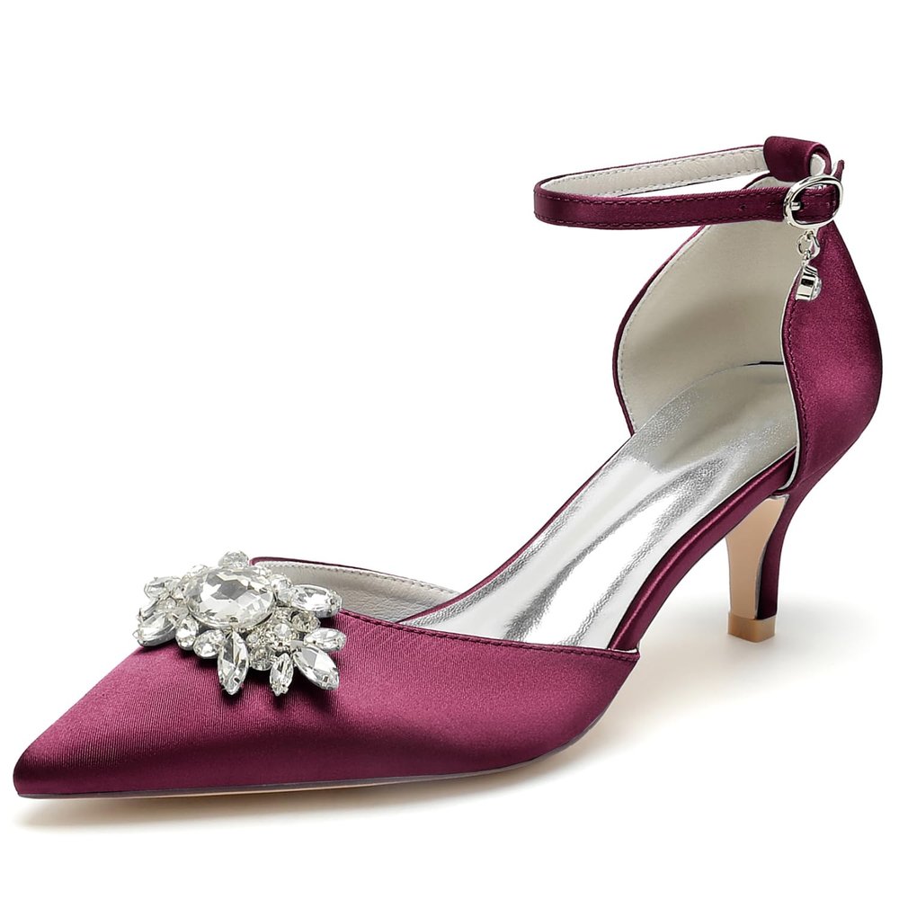 Closed Toe Satin Kitten Heels Wedding Shoes for Bride, Low Heels Ankle Strap Bridal Shoes, Rhinestones Shoes Pumps, Women's High Heels, Evening Party Dress Shoes,D,42