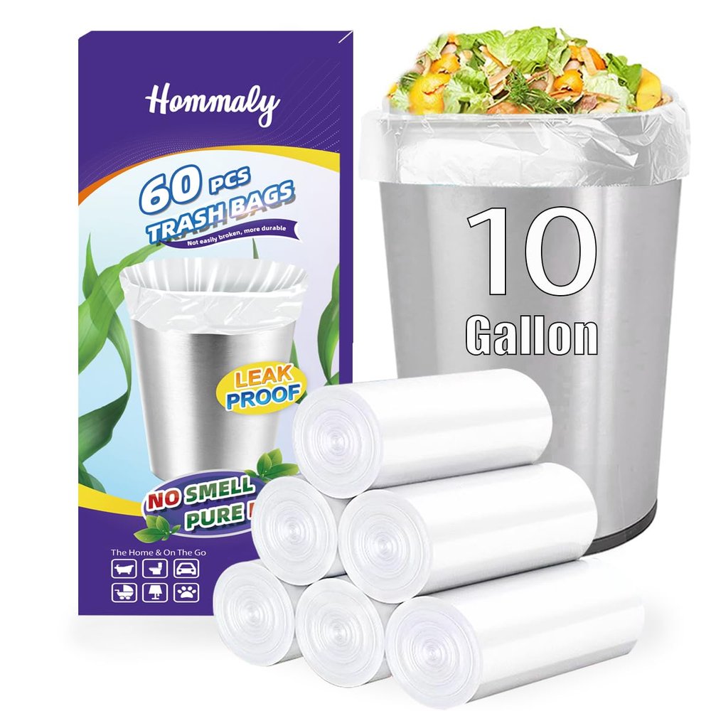 10 Gallon 60pcs Medium Clear Trash Bags Strong Clear Garbage Bags, Bathroom Trash Can Bin Liners, Plastic Bags for Office Home Kitchen, Waste Basket Liner, Fit 30 Liter, 10 Gal(10G60-Clear)