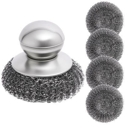 Steel Wool Scrubber with Handle, 5Pcs Stainless Steel Scrubber Set, Metal Pan & Pot Cleaner for Cast Iron, Grill, Stove, Oven, Sink, Stubborn Messes (1 Handle +4 Pads)