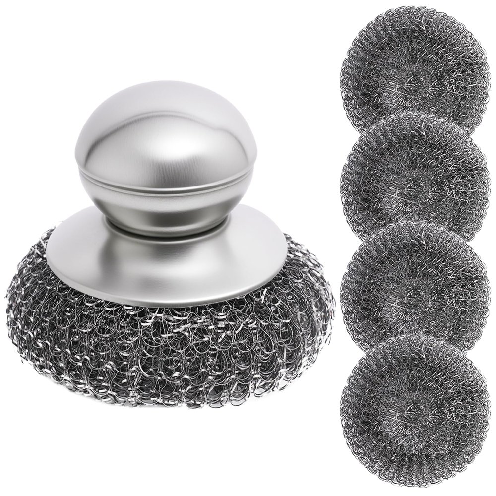 Steel Wool Scrubber with Handle, 5Pcs Stainless Steel Scrubber Set, Metal Pan & Pot Cleaner for Cast Iron, Grill, Stove, Oven, Sink, Stubborn Messes (1 Handle +4 Pads)