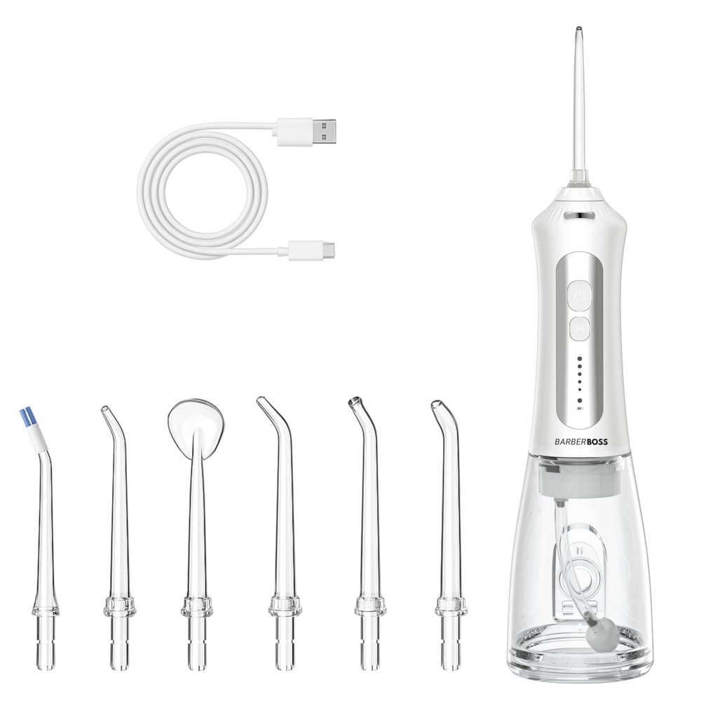 BarberBoss Rechargeable Water Flosser for Teeth & Gums, 5 Cleaning Modes, 5 Jet Tips, 300ml Tank, USB Cordless Oral Irrigator, IPX7 Waterproof & 360 Nozzle