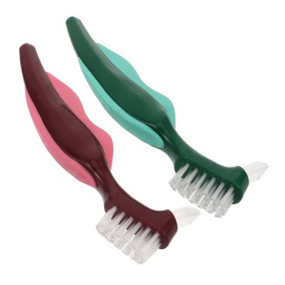 FOMIYES 2pcs Double-Headed Denture Cleaning Brush for Oral Care Hard Bristle False Teeth Brush Dentures Cleaning Essential for Seniors