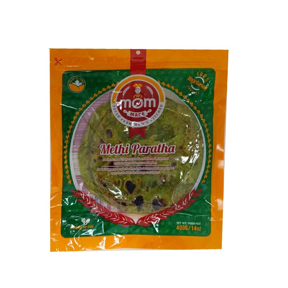 Mom Made Methi Paratha 400g Authentic Multi-Layered Indian Flatbread Prepared with Fenugreek Leaves and Spices No Added Preservatives Ready to Eat Indian Flatbread Pack of 1