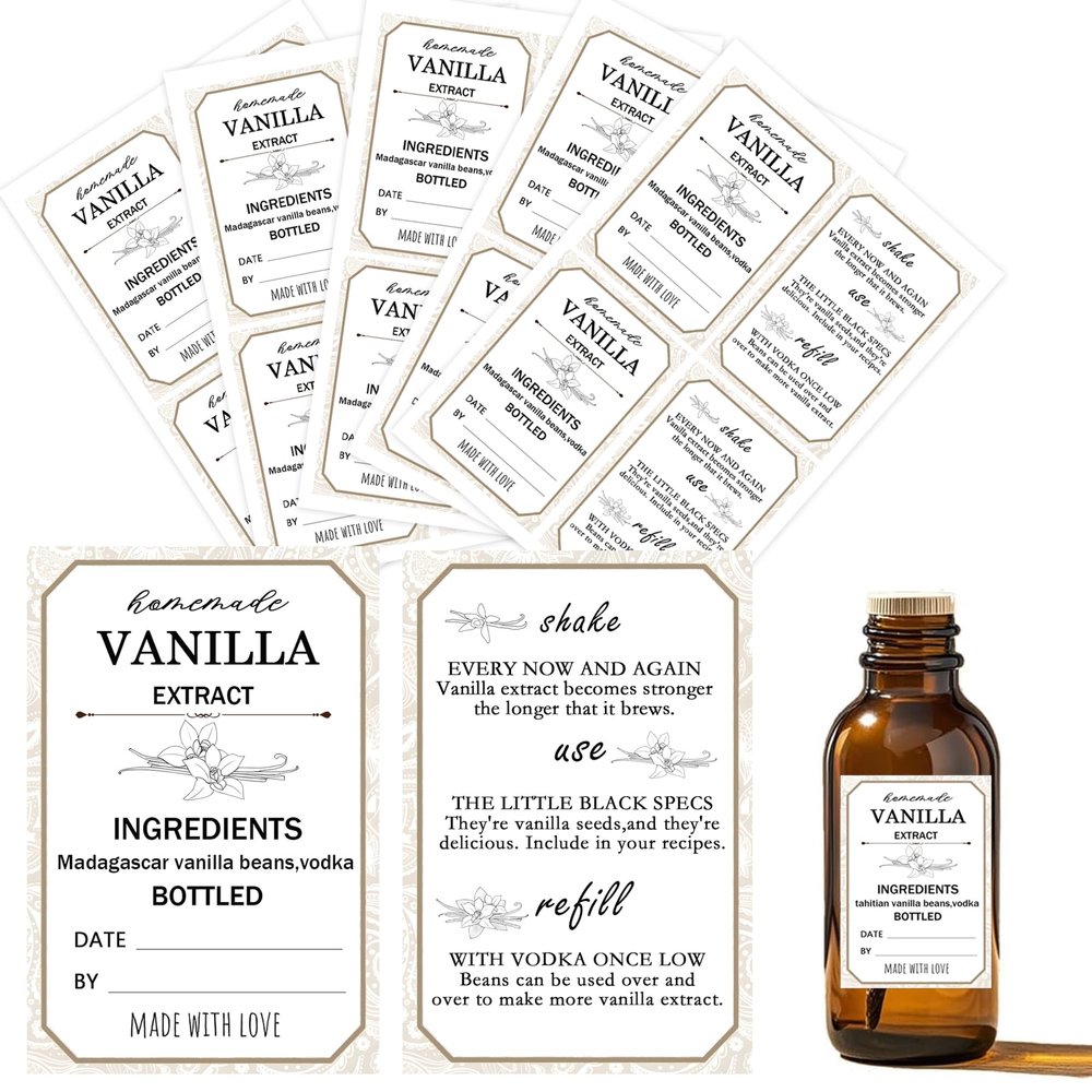 1.5x2.36 Inch Homemade Vanilla Extract Stickers with Instructions Madagascar Vanilla Beans and Vodka Extract Stickers for Handcrafted Herb Bottles,Kitchen Pantry,Jar 100 Pcs