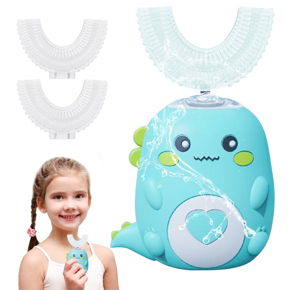 360 Kids Ultrasonic Toothbrush, Electric Tooth Brush with 2 U Shaped Silicone Brush Heads, Automatic Toothbrush with LED & Dino Look Light for Age 7~12 Years Boys and Girls (Green 7~12 Years Old)