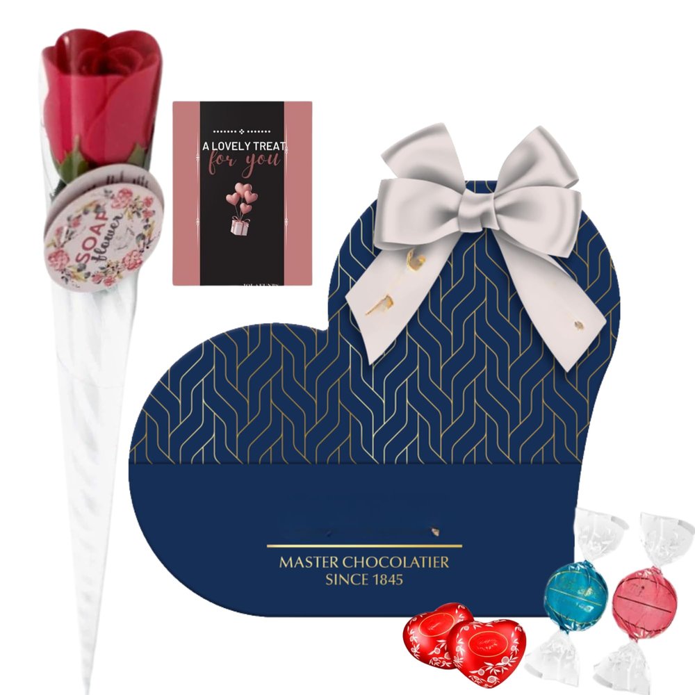 Chocolate Milk Love Heart Sweets Gift Box with Rose & Card - Christmas, Valentine or Birthday Gifts For Women Wife, Girlfriend & Mens Gift Set (Blue Heart)