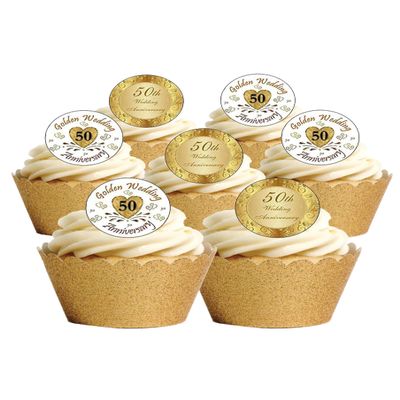12 Pre-Cut 50th Golden Wedding Anniversary Themed Edible Wafer Paper Cake Toppers Decorations