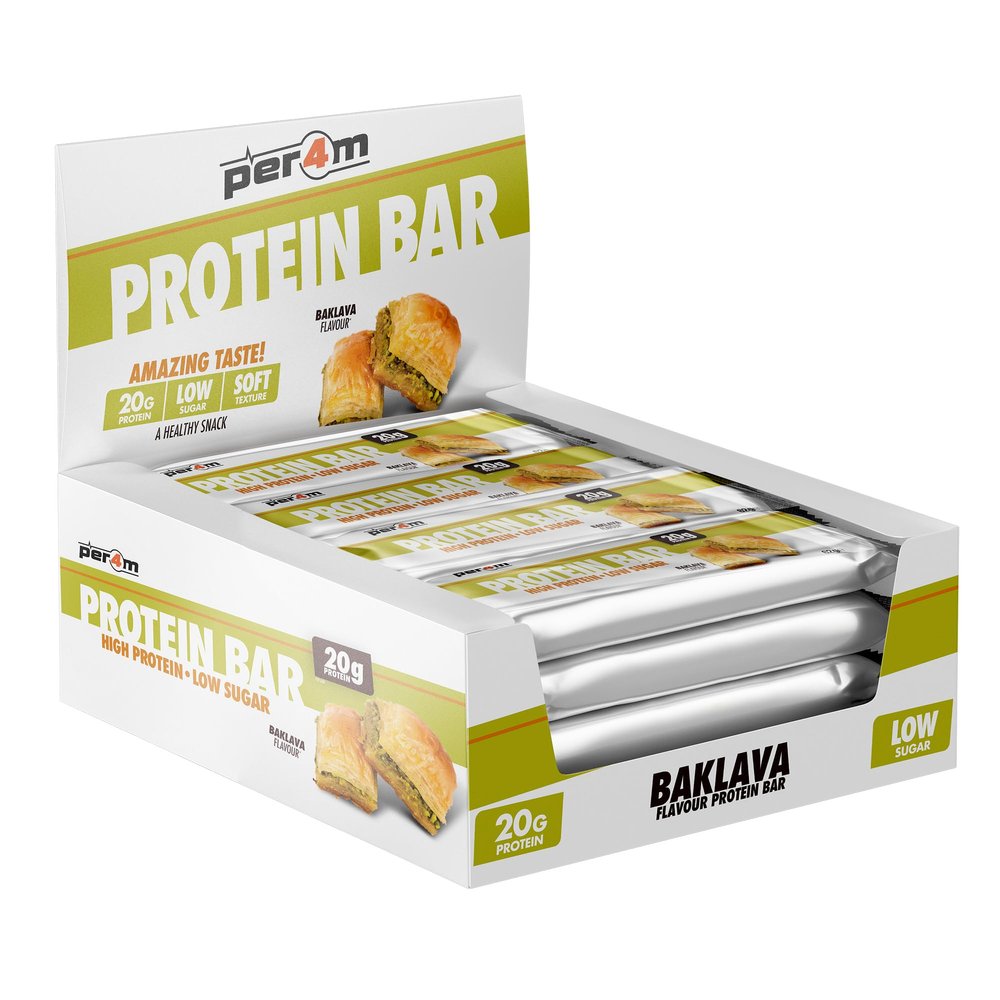 Per4m On-the-Go Protein Bar | High Protein, Low Sugar Bar with 20g Protein | Nutritional & Healthy Gym Snack Bar | Box of 12 x 62g (Box, Baklava)