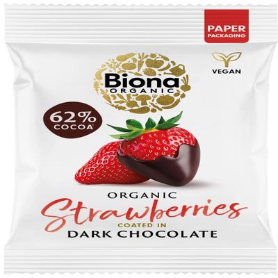 Biona Organic Dark Chocolate Coated Strawberries 45g, Pack of 10-62% Dark, Fair Trade Chocolate - Vegan - Gluten Free - Organic Snack