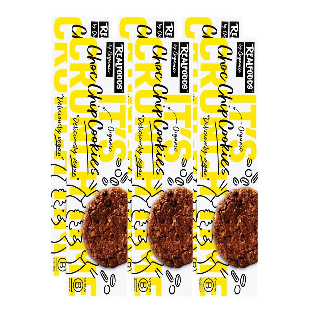 Realfoods by Organico | Organic Vegan Choco Chip Biscuits Rich Dark Chocolate with Whole Oats & Wheat Crunchy, Plant-Based, 4x3 Snack Packs, 110g (Pack of 6)