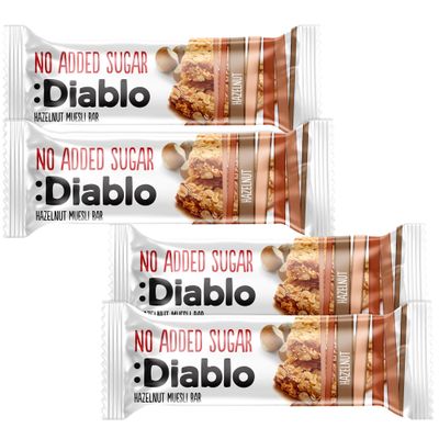 Diablo Hazelnut Muesli Bar No Added Sugar Healthy Snacks & Breakfast Bar Sweetened with Maltitol, Low Sugar Snacks Food, Great for Gifting, Work, School, or Travel 30g Each (Pack of 4)