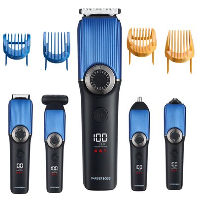 BarberBoss 5-in-1 Cordless Grooming Kit for Men, Beard Trimmer, Hair Clipper, Nose & Ear Trimmer, Body Groomer, Precision Dial, Waterproof Clippers with USB Charging & LED Display