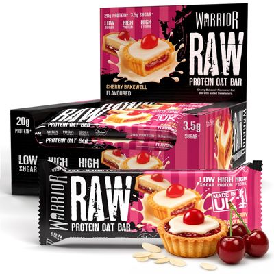 Warrior RAW Protein Bars 12 x 75g 20g High Protein Bar, Low Sugar High Fibre Oat Protein Flapjack Protein Snacks, Meal Replacement Bars (Cherry Bakewell)