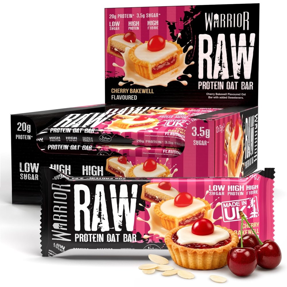 Warrior RAW Protein Bars 12 x 75g 20g High Protein Bar, Low Sugar High Fibre Oat Protein Flapjack Protein Snacks, Meal Replacement Bars (Cherry Bakewell)