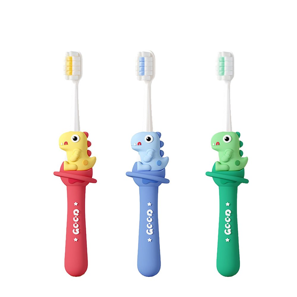 Vonmerie Children's Dinosaur Toothbrush for 7-12 Years, Ultra-Soft Bristles (Green+Red+Blue/Copper-Free Bristle Head)