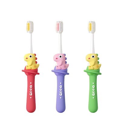 Vonmerie Children's Dinosaur Toothbrush for 7-12 Years, Ultra-Soft Bristles (Green+Red+Purple/Copper-Free Bristle Head)