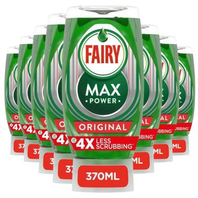 Fairy Max Power Hand Washing-Up Liquid Pack of 8 x 370ml | Easy & Effortless Cleaning for Oily Pots and Pans