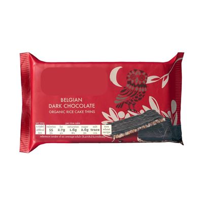 Dark Chocolate Rice Cake Thins 75g, Belgian Dark Chocolate Rice Cake Thins, Gluten free. No artificial colours, flavours or preservatives. Vegetarian and coeliac friendly
