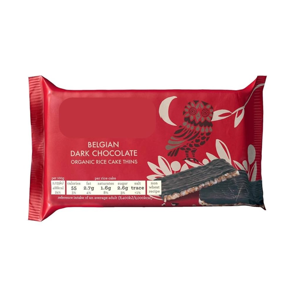 Dark Chocolate Rice Cake Thins 75g, Belgian Dark Chocolate Rice Cake Thins, Gluten free. No artificial colours, flavours or preservatives. Vegetarian and coeliac friendly