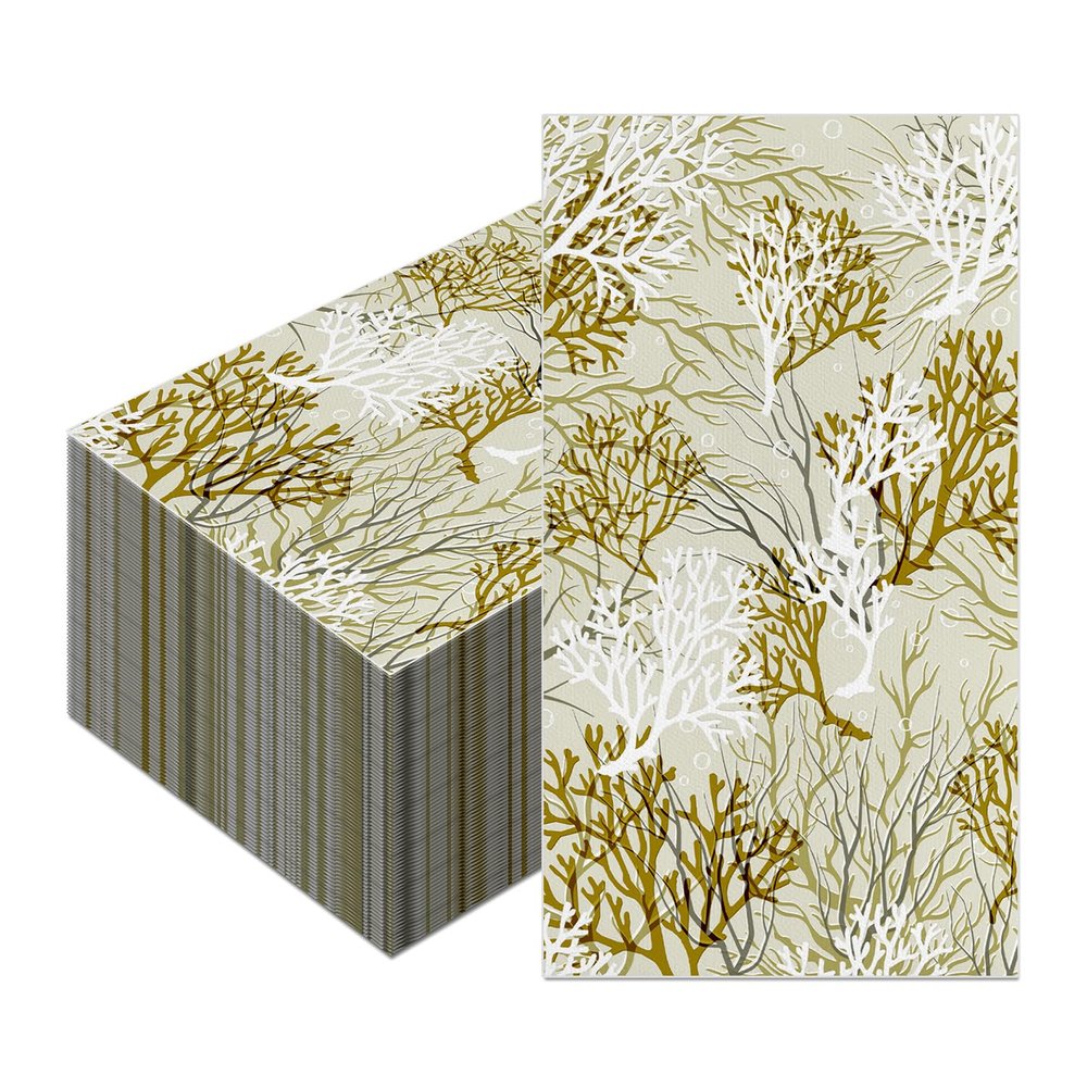 100pcs Coral Guest Paper Napkins,Disposable Decorative Hand Towels Sea Fan Design Dinner Papers for Wedding Birthday Baby Shower Coastal Summer Party Bathroom Table Decor(Gold)