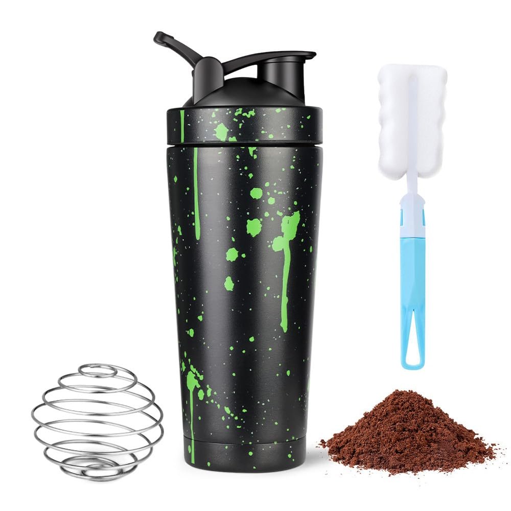 AOOWU Protein Shaker Bottle with Stainless Steel Mixing Ball 750ml, Stainless Steel Protein Shaker Cup, Protein & Supplement Shaker Bottle, Leak Proof Metal Sports Water Bottle, BPA Free for Gym