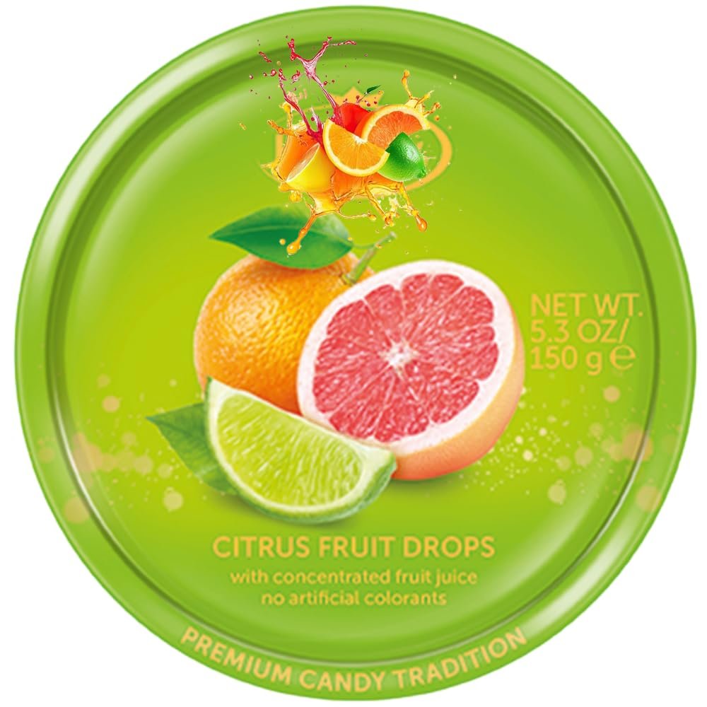 Assorted Fruit Flavoured Hard Boiled Sweets Tiin 150g Variety Pack with Wildberry, Citrus & Classic Fruit Drops Ideal for Gifting & Sharing - Klfy (8 x Tin, Citrus Fruit Drops)