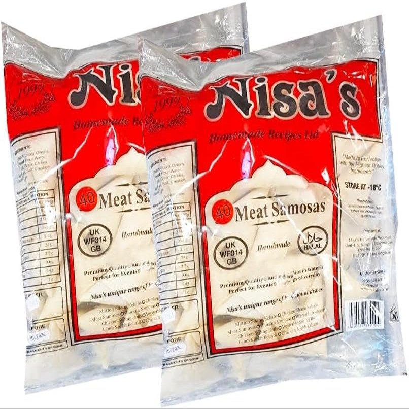 Nisa's Meat Samosa 40 Pieces Authentic Indian Style Frozen Snack Spicy and Crispy Halal Meat Filling Party Starter Ready to Fry 1790g Pack of 2
