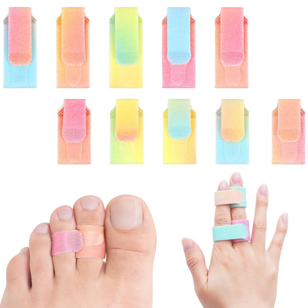 10 Pcs Toe Wraps for Hammer Toes & Broken Toes - Adjustable Toe Cushioned Bandages, Crooked/Overlapping Toe Straightener, Reusable Elastic Support Tape (Rainbow Colour, Size S+L)