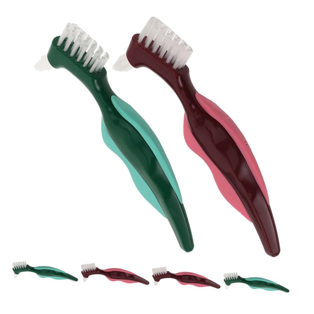 DEARMAMY 6pcs Double Sided Denture Brush with Non Slip Handle for Seniors Hard Bristle False Teeth Cleaner for Daily Oral Care and Gum Massage Convenient Home Use