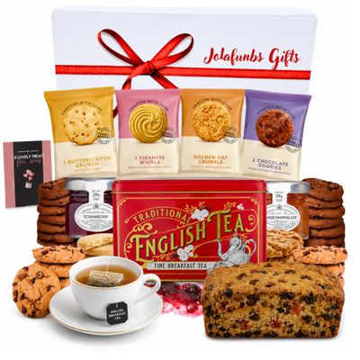 Breakfast Tea Gift Set English Tea Red Tin, Jam, Fruit Cake & Multipack Biscuits Individually Wrapped Treat Customers, Guests, Visitor, British Biscuits Gift Set Hampers Food Gifts (Tea Hamper 4)