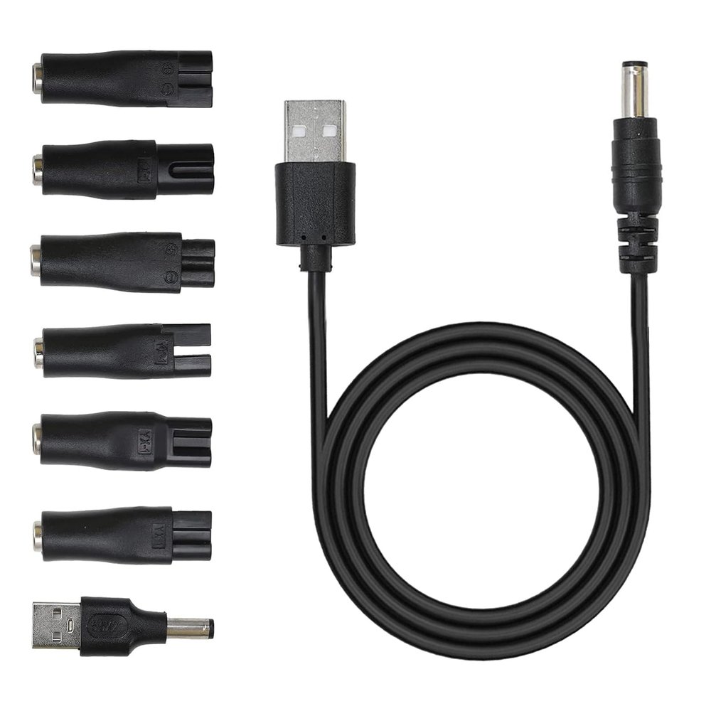 7-Piece Universal Electric Shaver Charger Kit, Black Razor Charger Cord Compatible with Philips, Wahl, Braun & More, USB Shaver Charger Cable for Men's Razors & Trimmers, Bathroom & Travel Essential.