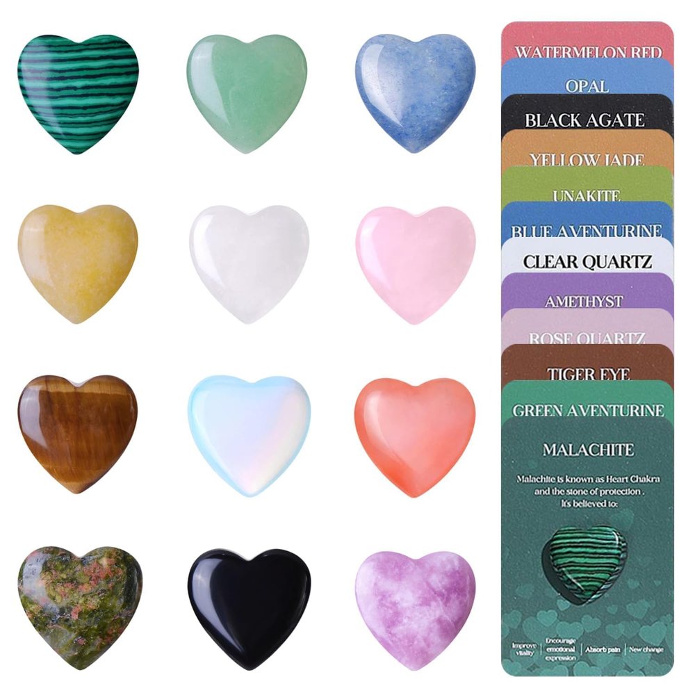 12Pcs Heart-Shaped Healing Crystals - Crystal Gifts for Women & Men,Crystals And Healing Stones, Spiritual Wellness Stones, Thoughtful Present for Mindfulness, Meditation, Energy Healing