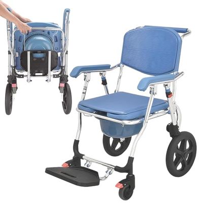 Rolling Shower Chair with Wheels, Foldable Commode Chair for Toilet, Bathroom Wheelchair with Arms, Bedside Bath Seat for Seniors and Elderly