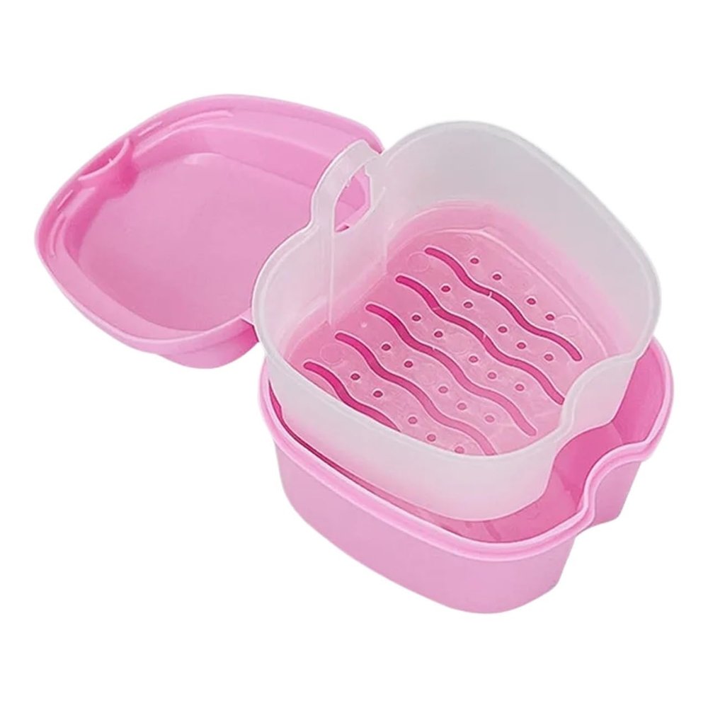 WLIHDB Denture Case 3pcs Denture Bath Box Cleaning False Teeth Storage Box With Hanging Net Container Artificial Tooth Case Retainer Case For Dentures And Braces(Pink)