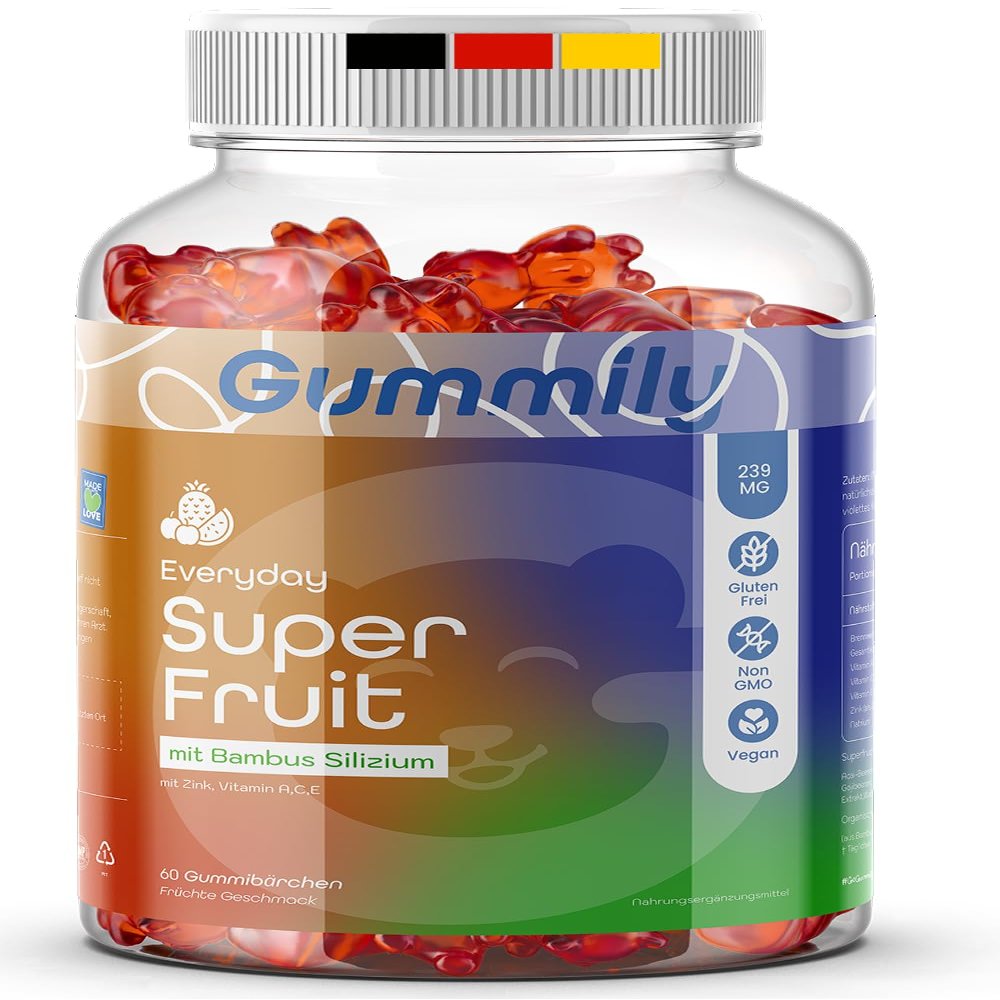 Gummily Premium Super Fruit Bamboo Silica & Zinc Gummies - Super Fruit Blend 220mg & Bamboo Silica 22mg - with Zinc, Vitamin A, C & E - Vegan - Pack of 60