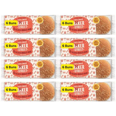 8x6 Pre-Sliced Seeded Burger Buns Bakers Street Cleverly Packaged Lasts Longer (8 Packs of 6 Pcs)